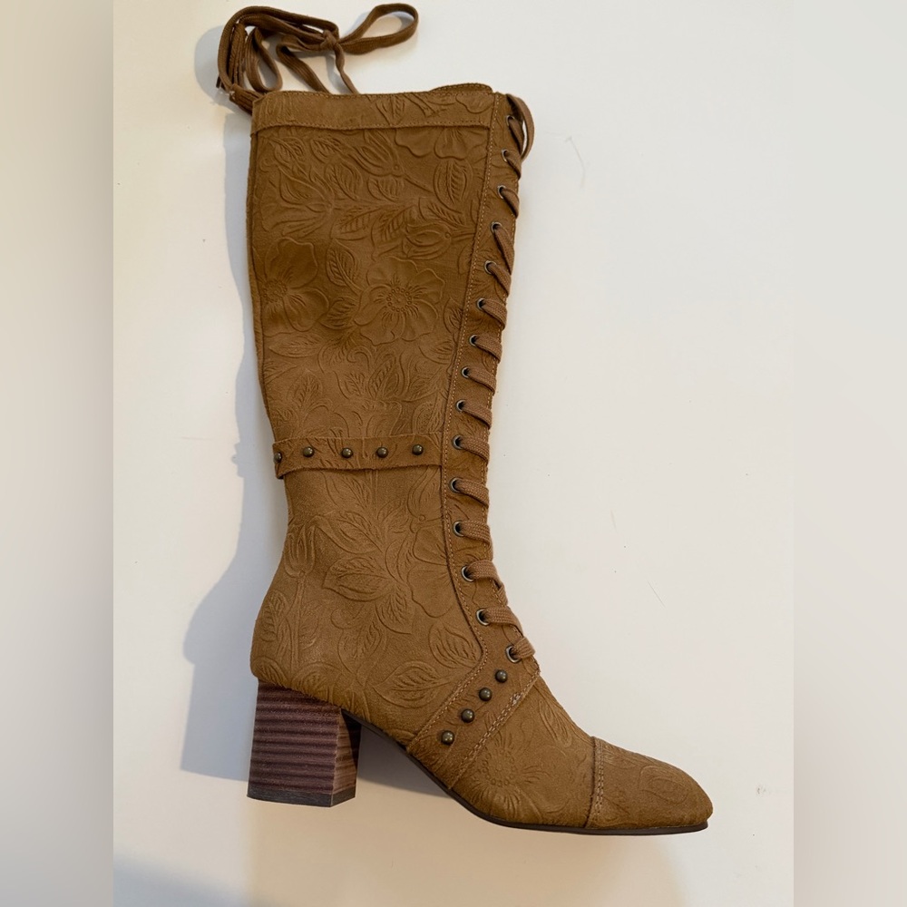 JOYFOLIE MARITA TALL BOOT IN PECAN Tan Lace-Up Knee-High Boots Floral Sude - Picture 7 of 11